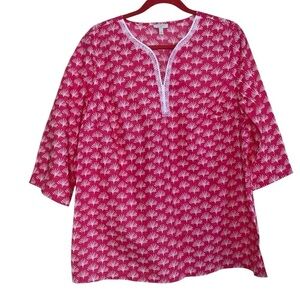 Talbots Pink White Fan Print Poplin Popover Blouse Lace Trim 3/4 Sleeves Sz X